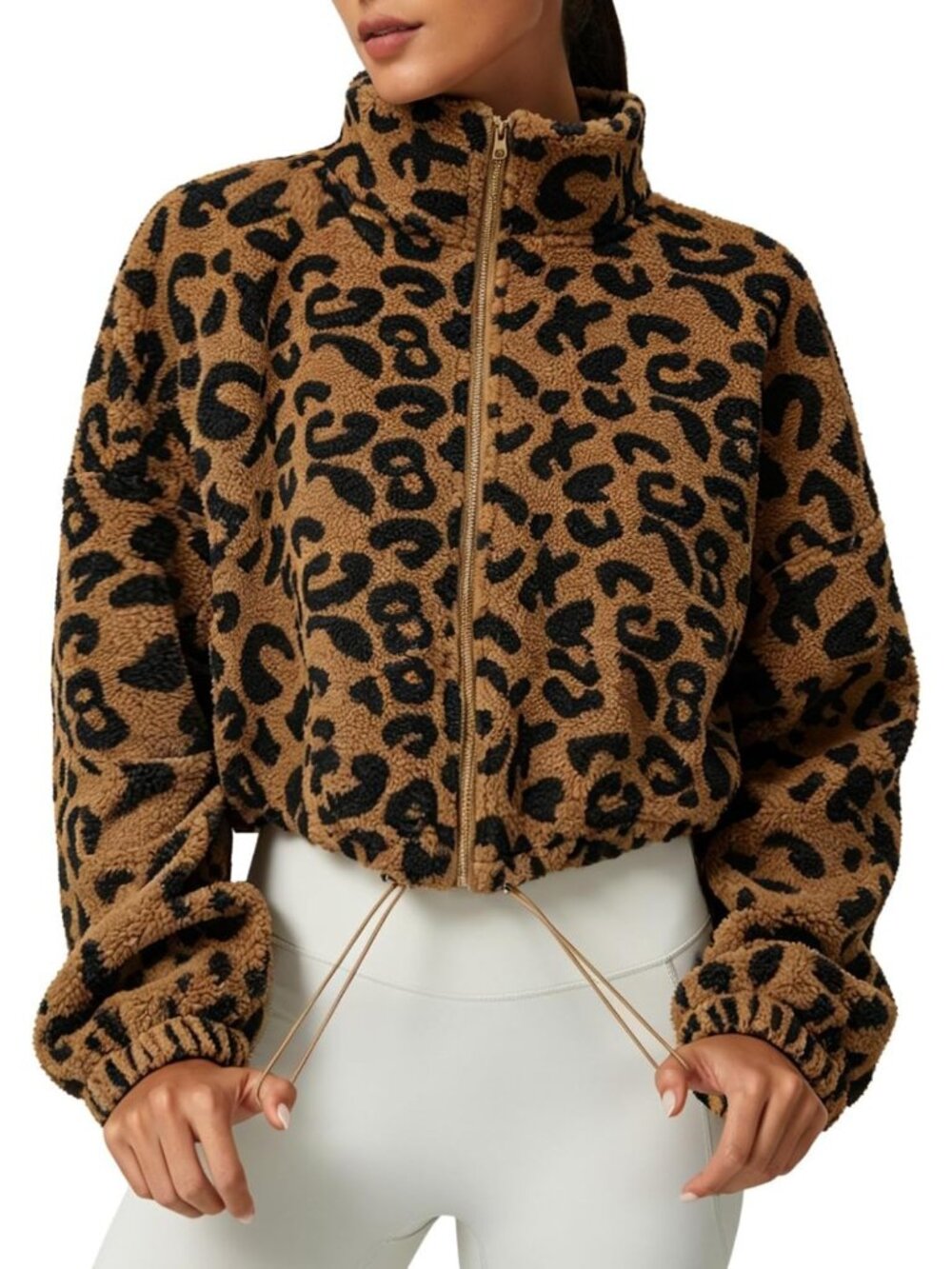 Women's Leopard Full Zip Fleece Short Jacket Winter Long Sleeve Collar Crop Coat